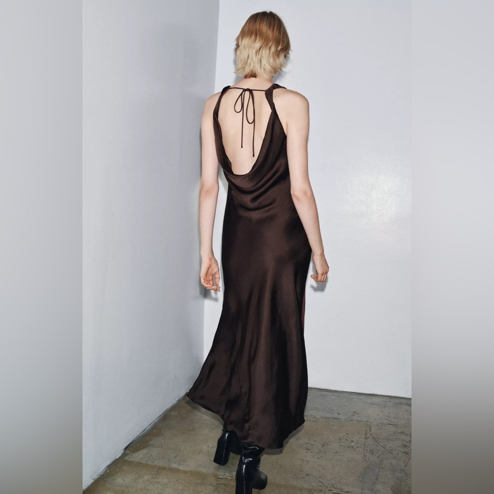 NEW Zara zw collection Elegant Brown Sleeveless maxi stin effect evening dress - Picture 9 of 9